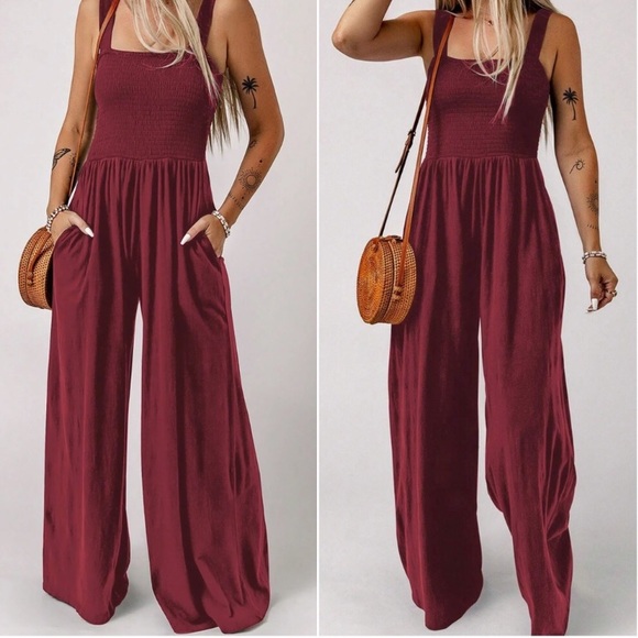 Boho smocked bodice wide leg wide straps cami jumpsuit burgundy - Picture 1 of 12